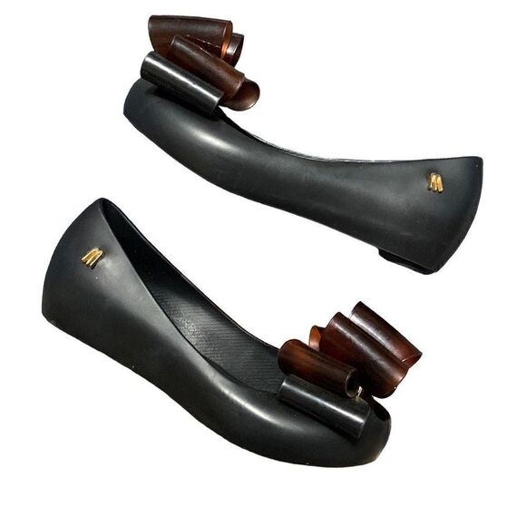 Mel Dreamed by Melissa Black Ballet Flat Tortious Shell Bow Size 12 Girls - Picture 4 of 6